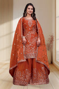 Rust Orange Silk Embroidered Sharara Set with Scalloped Dupatta