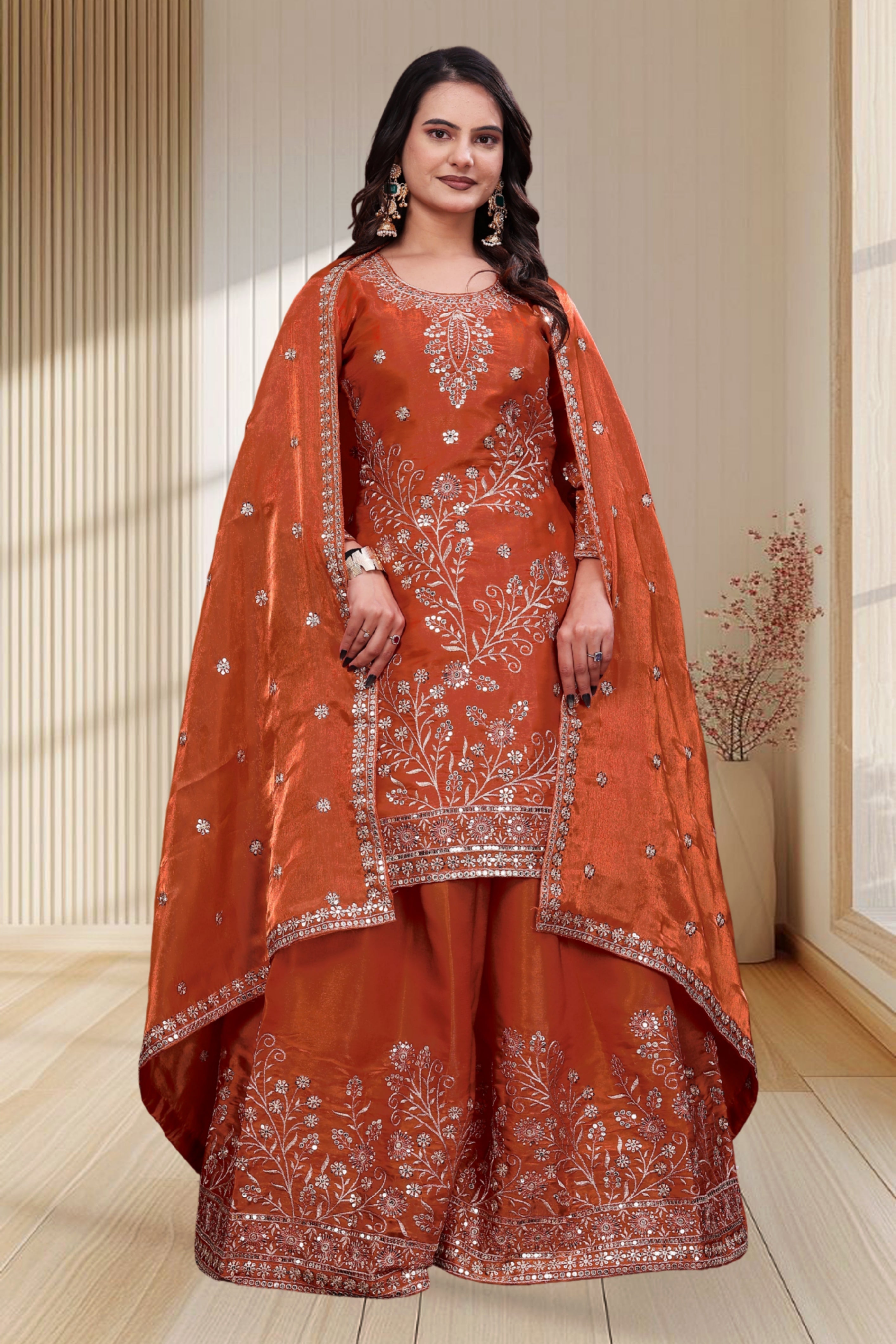 Rust Orange Silk Embroidered Sharara Set with Scalloped Dupatta