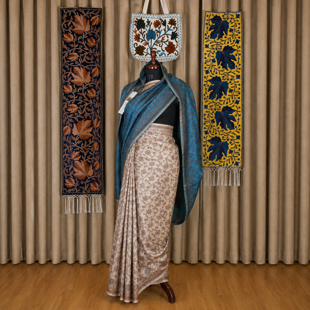 Jamawar Print Silk Teal Blue Saree | Kashlure