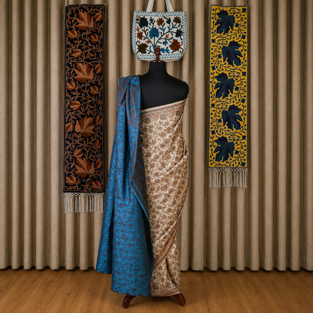 Jamawar Print Silk Teal Blue Saree | Kashlure