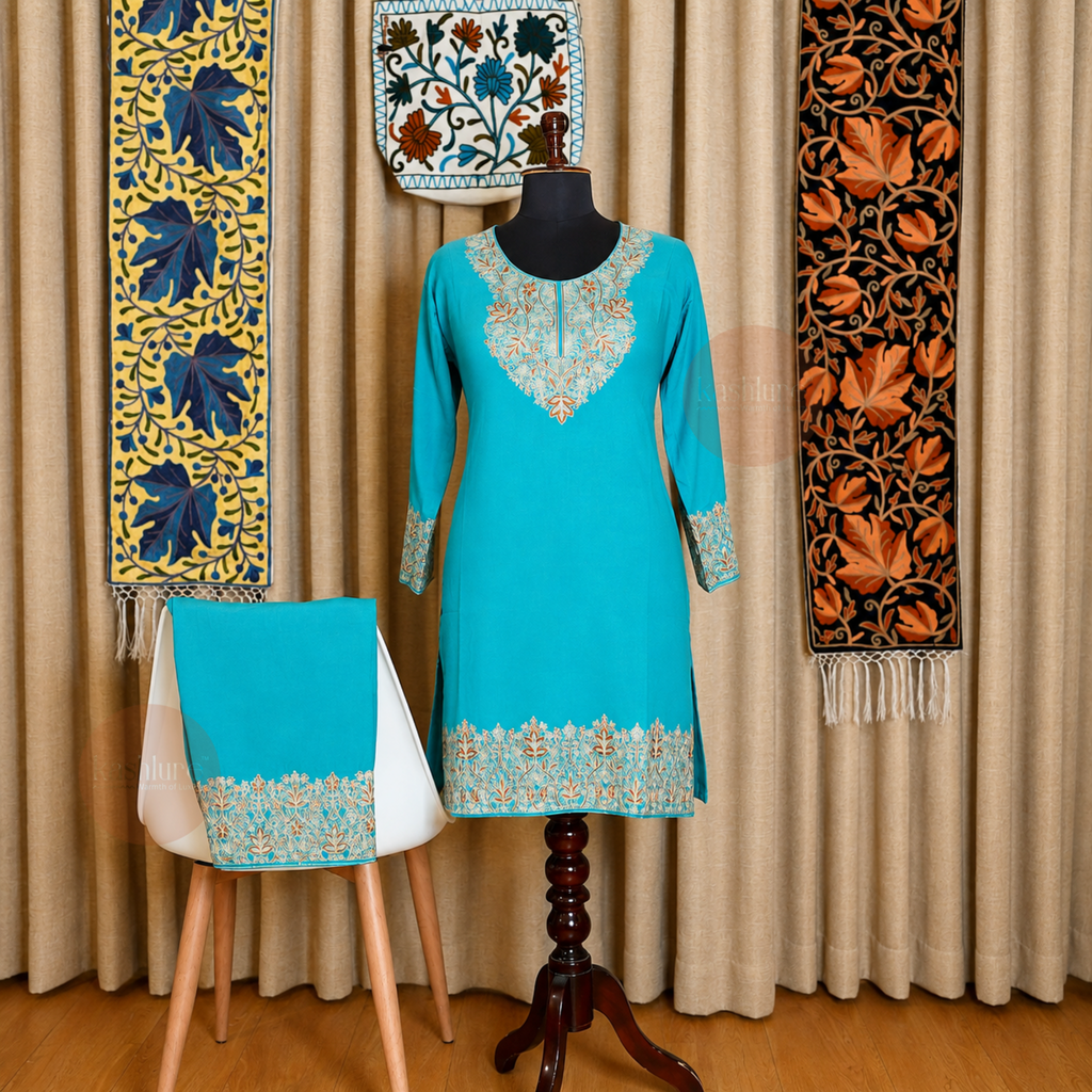 Premium Aari Embroidered Cotton Rayon Kurta with Palazzo Set | Kashlure