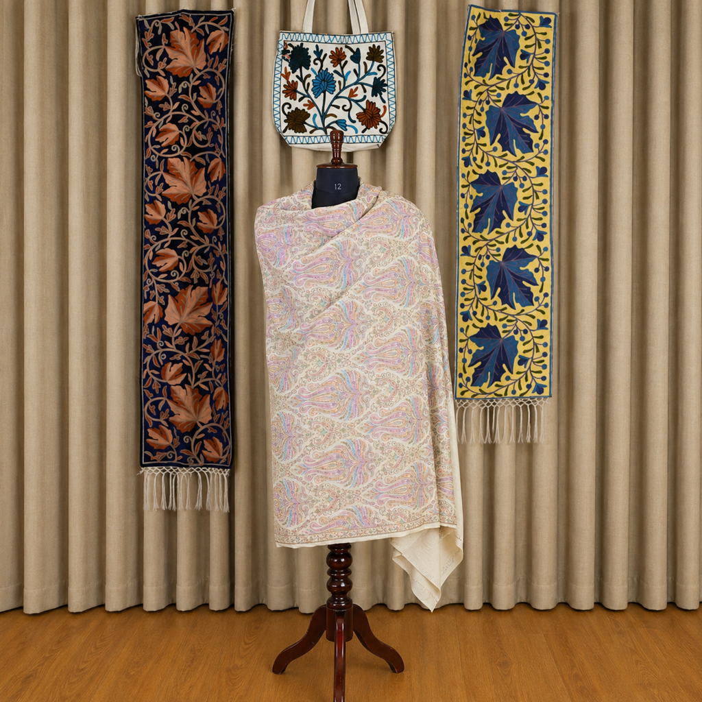 Kashmiri Jamawar Silk Ivory Stole | Kashlure
