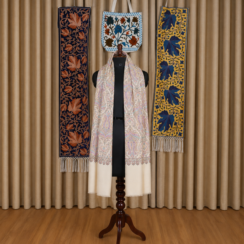 Kashmiri Jamawar Silk Ivory Stole | Kashlure