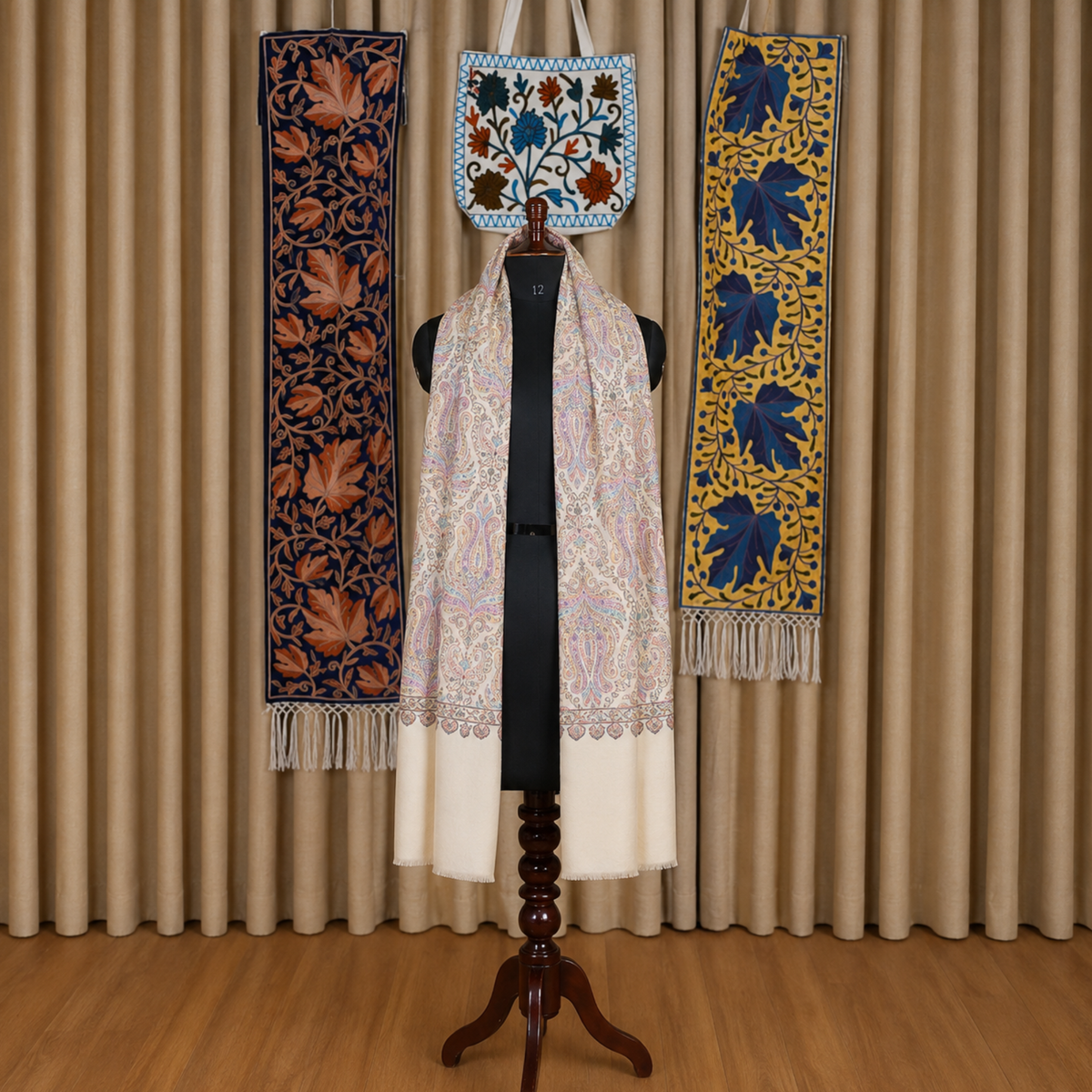 Kashmiri Jamawar Silk Ivory Stole | Kashlure