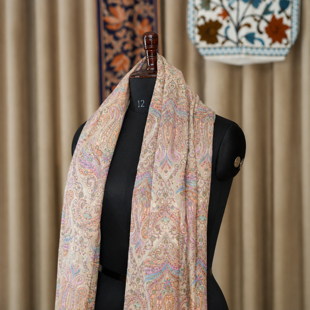 Kashmiri Jamawar Silk Ivory Stole | Kashlure