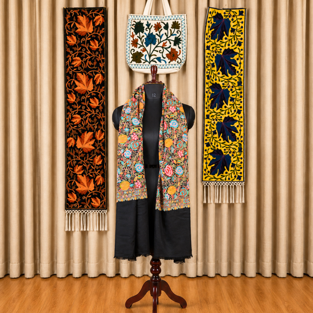Black Kashmiri Floral Jamawar Stole | Kashlure
