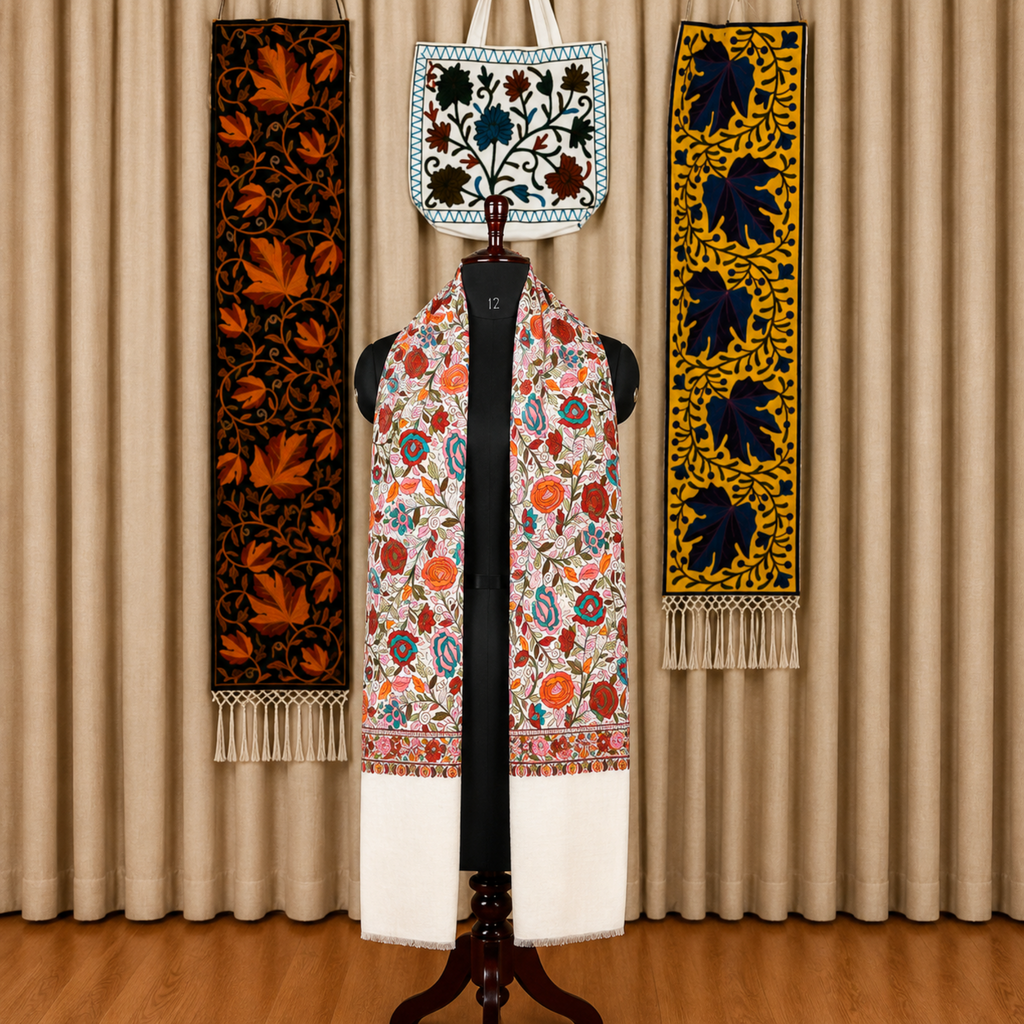 Off-White Kashmiri Floral Jamawar Stole | Kashlure