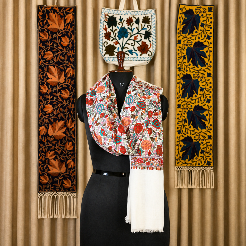 Off-White Kashmiri Floral Jamawar Stole | Kashlure