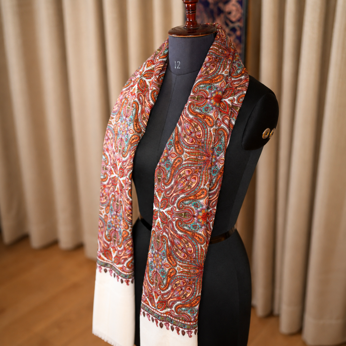 Ivory and Rust Red Kashmiri Jamawar Stole | Kashlure