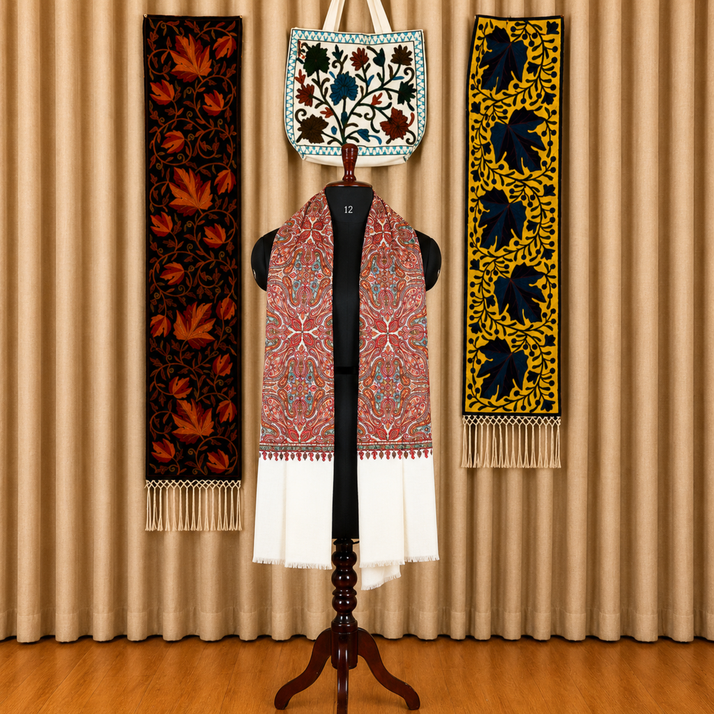 Ivory and Rust Red Kashmiri Jamawar Stole | Kashlure