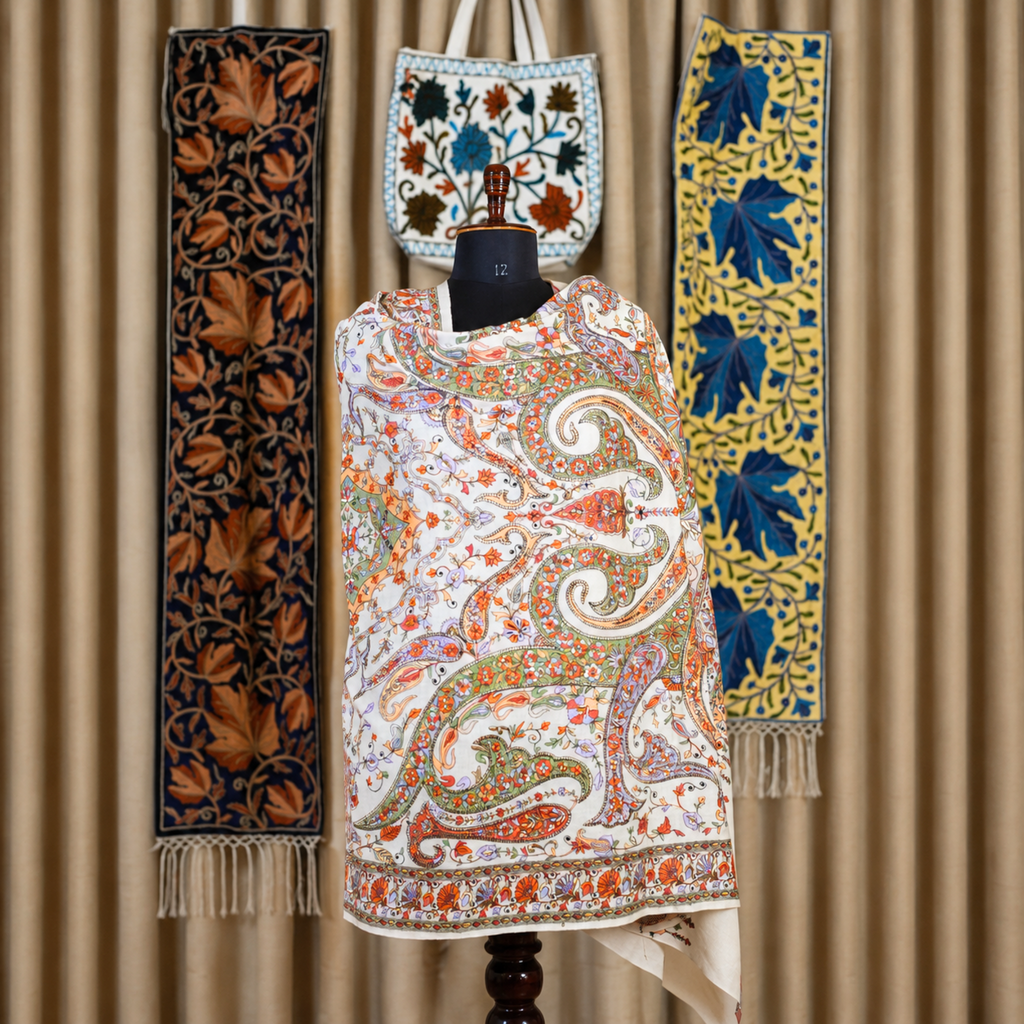 Cream and Orange Kashmiri Jamawar Stole | Kashlure