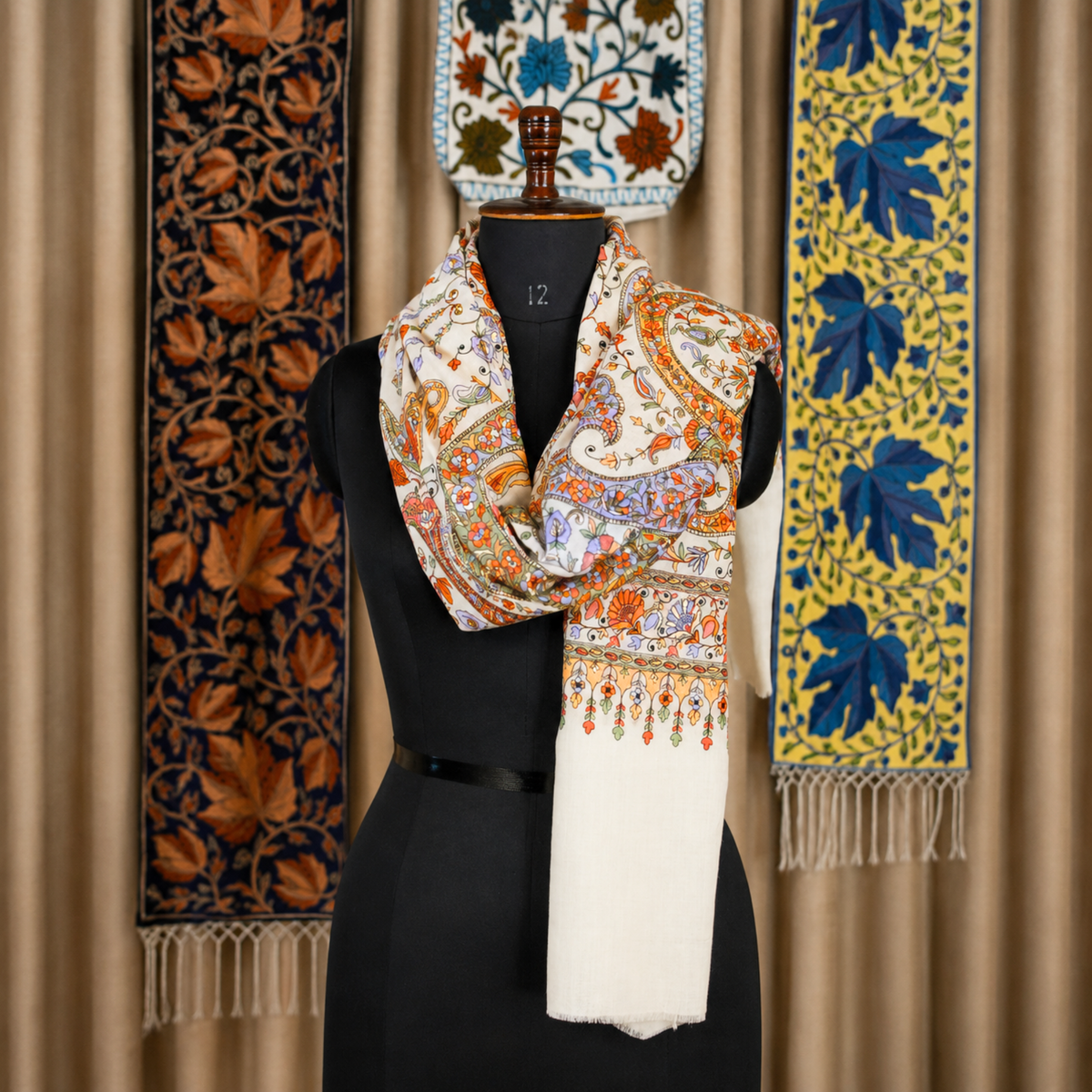 Cream and Orange Kashmiri Jamawar Stole | Kashlure