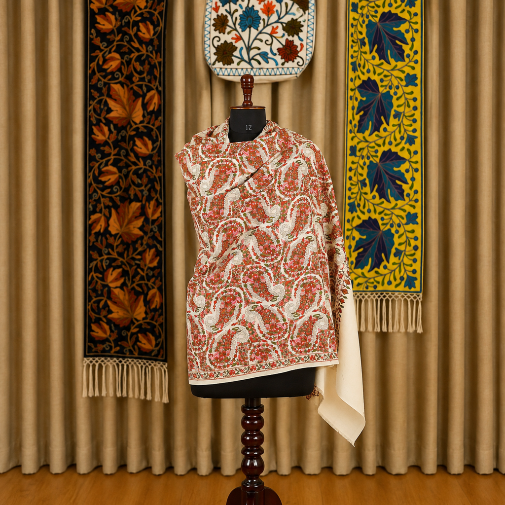 Off-White Paisley Vine Jamawar Stole | Kashlure