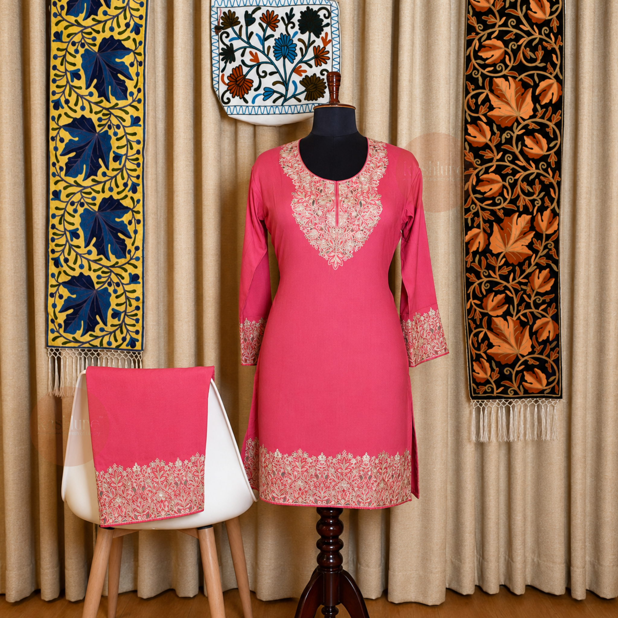 Premium Aari Embroidered Cotton Rayon Kurta with Palazzo Set | Kashlure