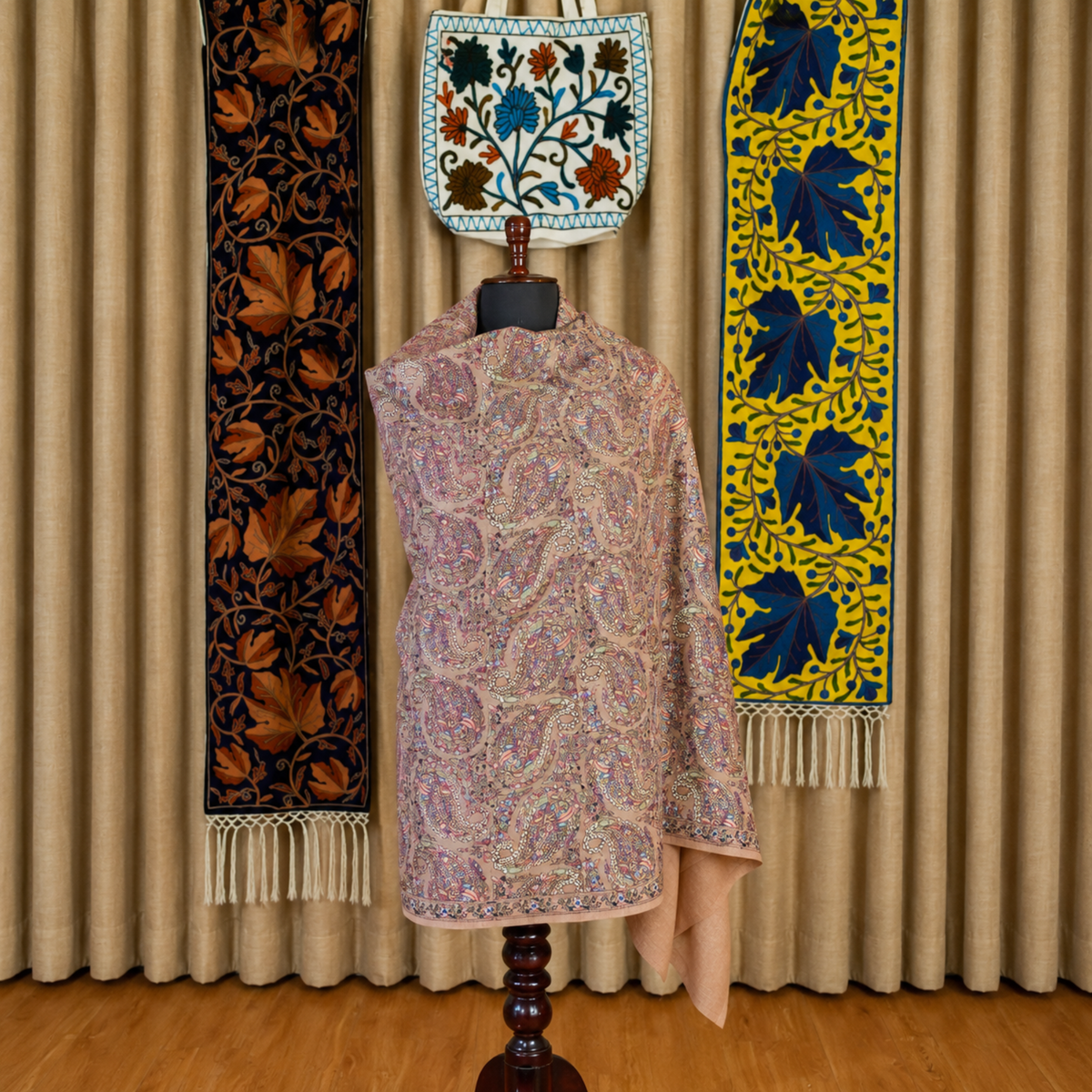 Beige Floral-Paisley Kashmiri Jamawar Stole | Kashlure
