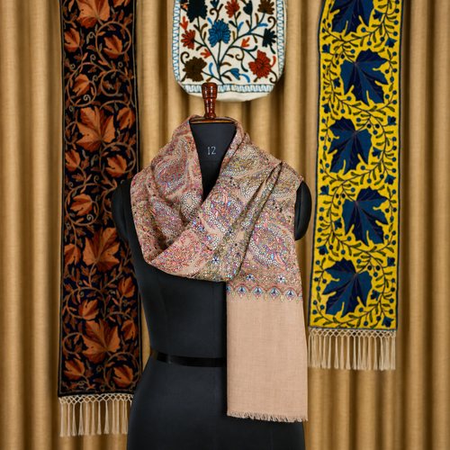 Beige Floral-Paisley Kashmiri Jamawar Stole | Kashlure