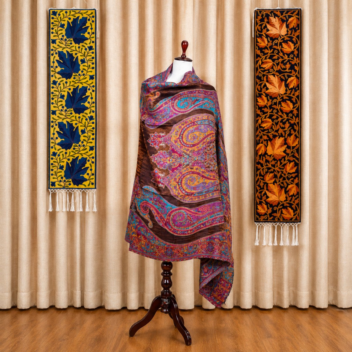 Kashlure Pure Kashmiri Fine Wool Kani Shawl - Chocolate Brown & Jewel Tones
