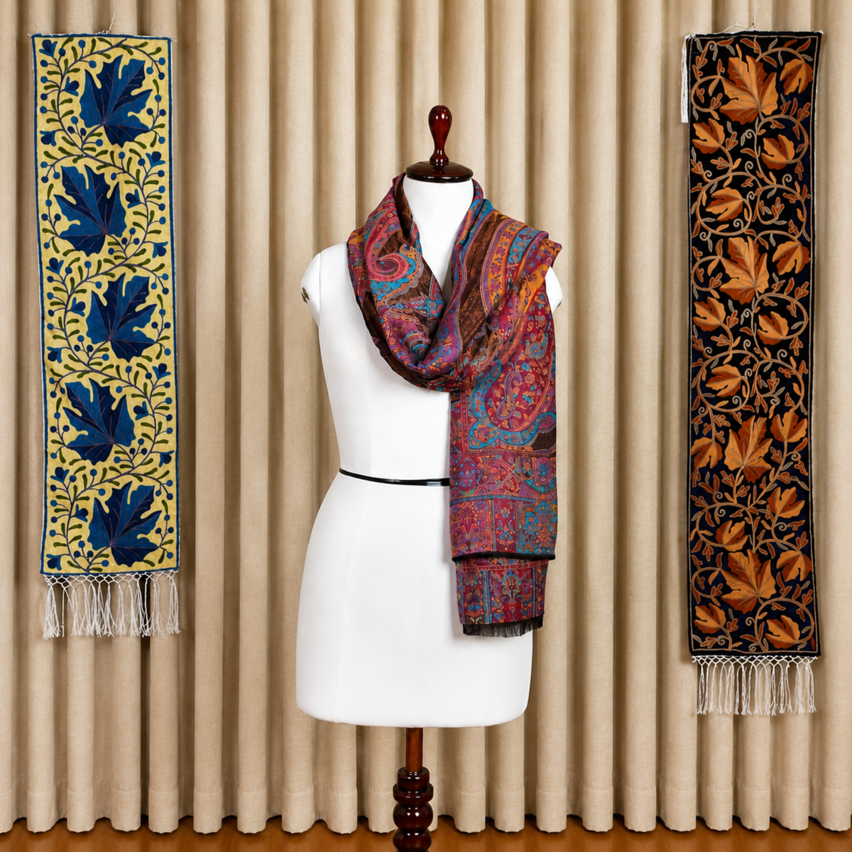 Kashlure Pure Kashmiri Fine Wool Kani Shawl - Chocolate Brown & Jewel Tones