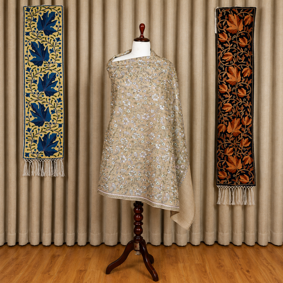Beige Floral Aari Work Kashmiri Wool Shawl