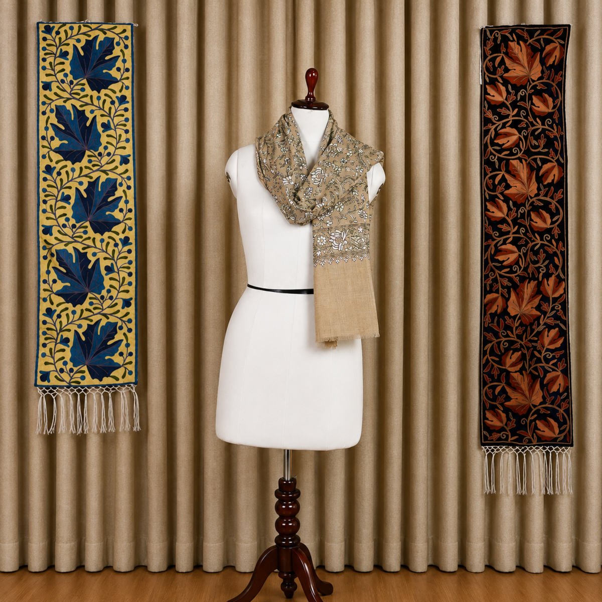 Beige Floral Aari Work Kashmiri Wool Shawl