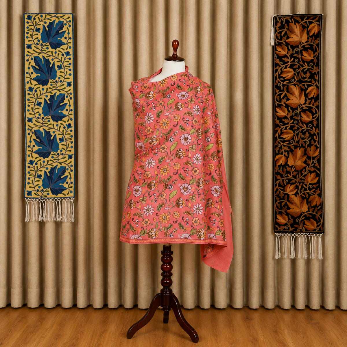 Kashlure Kashmiri Aari Embroidery Shawl - Coral Pink Floral Jaal