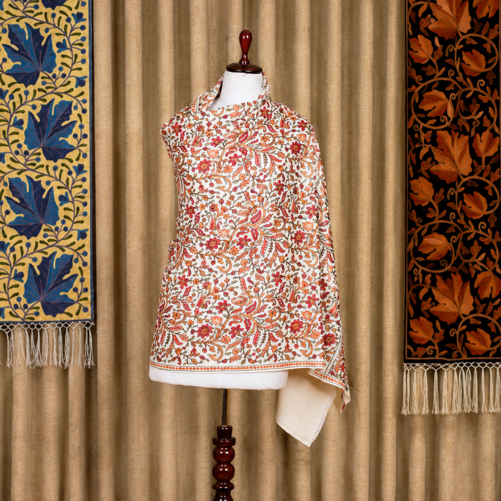 Off-White Floral Aari Work Pure Kashmiri Wool Shawl