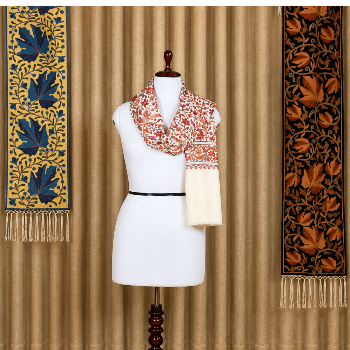 Off-White Floral Aari Work Pure Kashmiri Wool Shawl