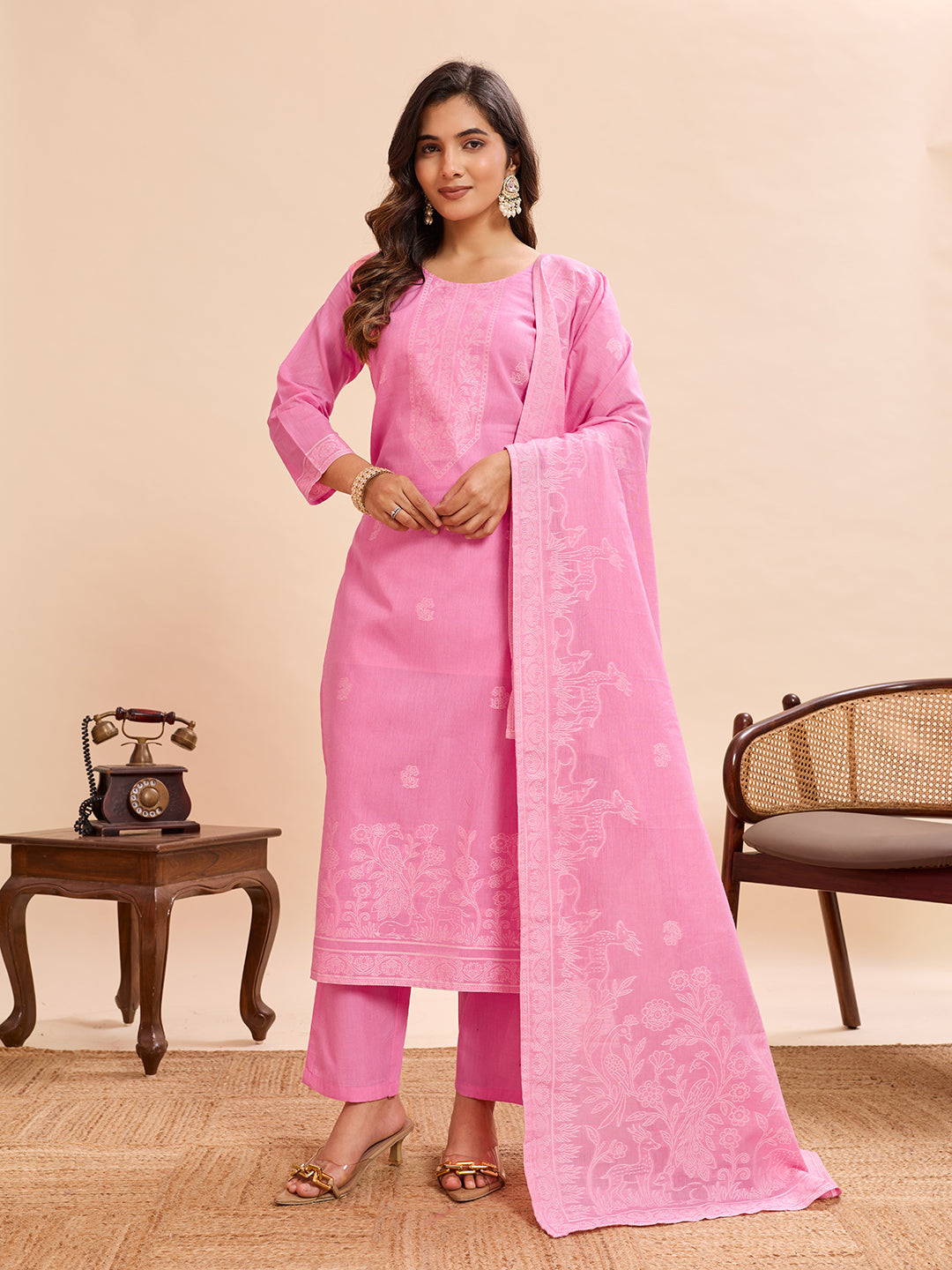 Candy Pink Nature-Inspired Floral & Peacock Embroidered Straight Suit Set (Set of 3)