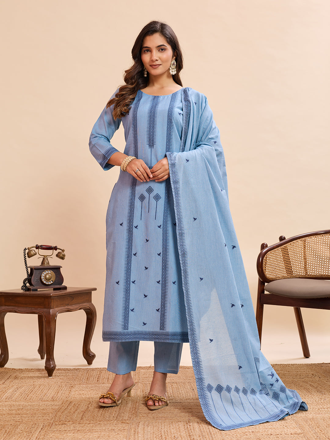 Serene Powder Blue Embroidered Cotton-Linen Kurta Set with Dupatta – 3 Piece Suit