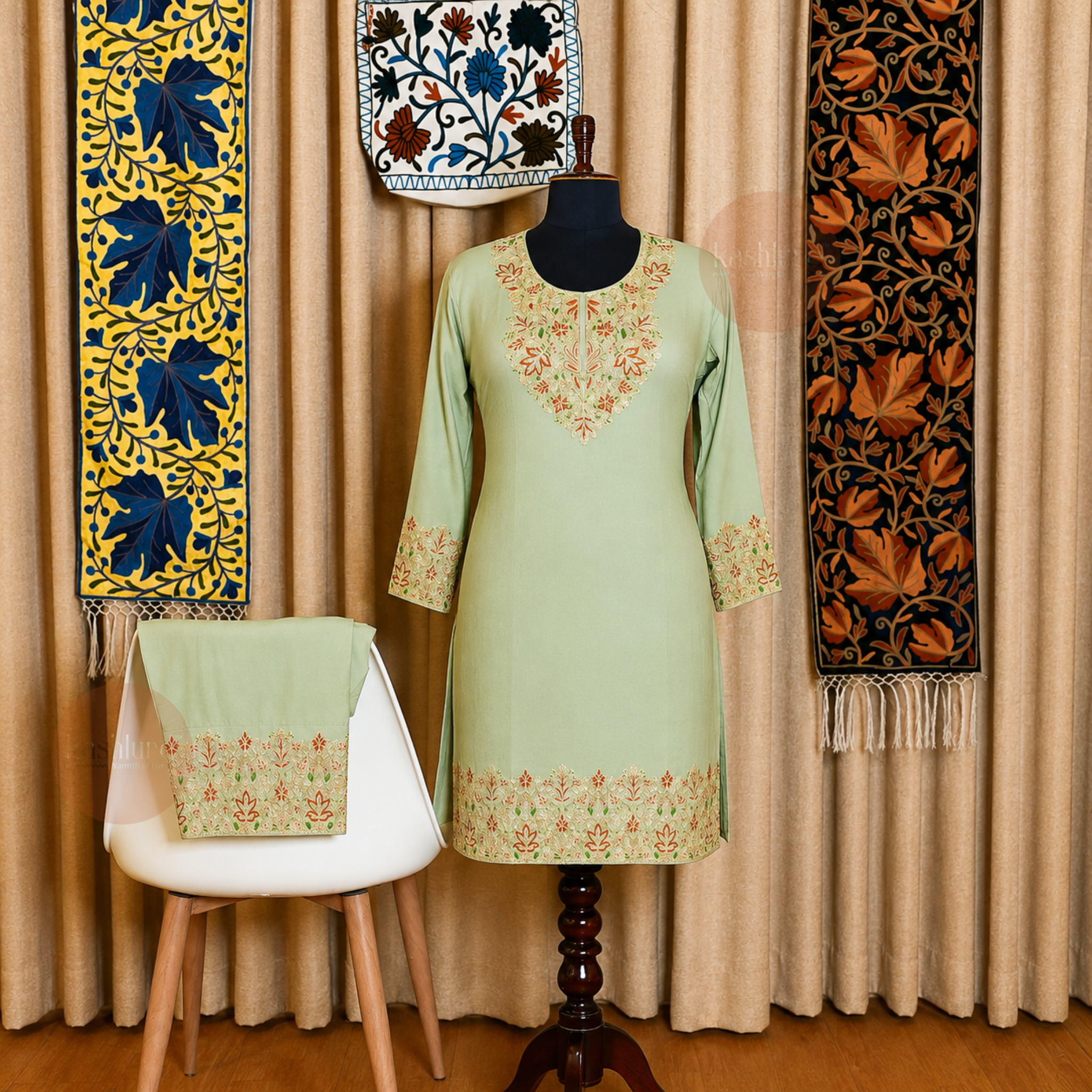Premium Aari Embroidered Cotton Rayon Kurta with Palazzo Set | Kashlure