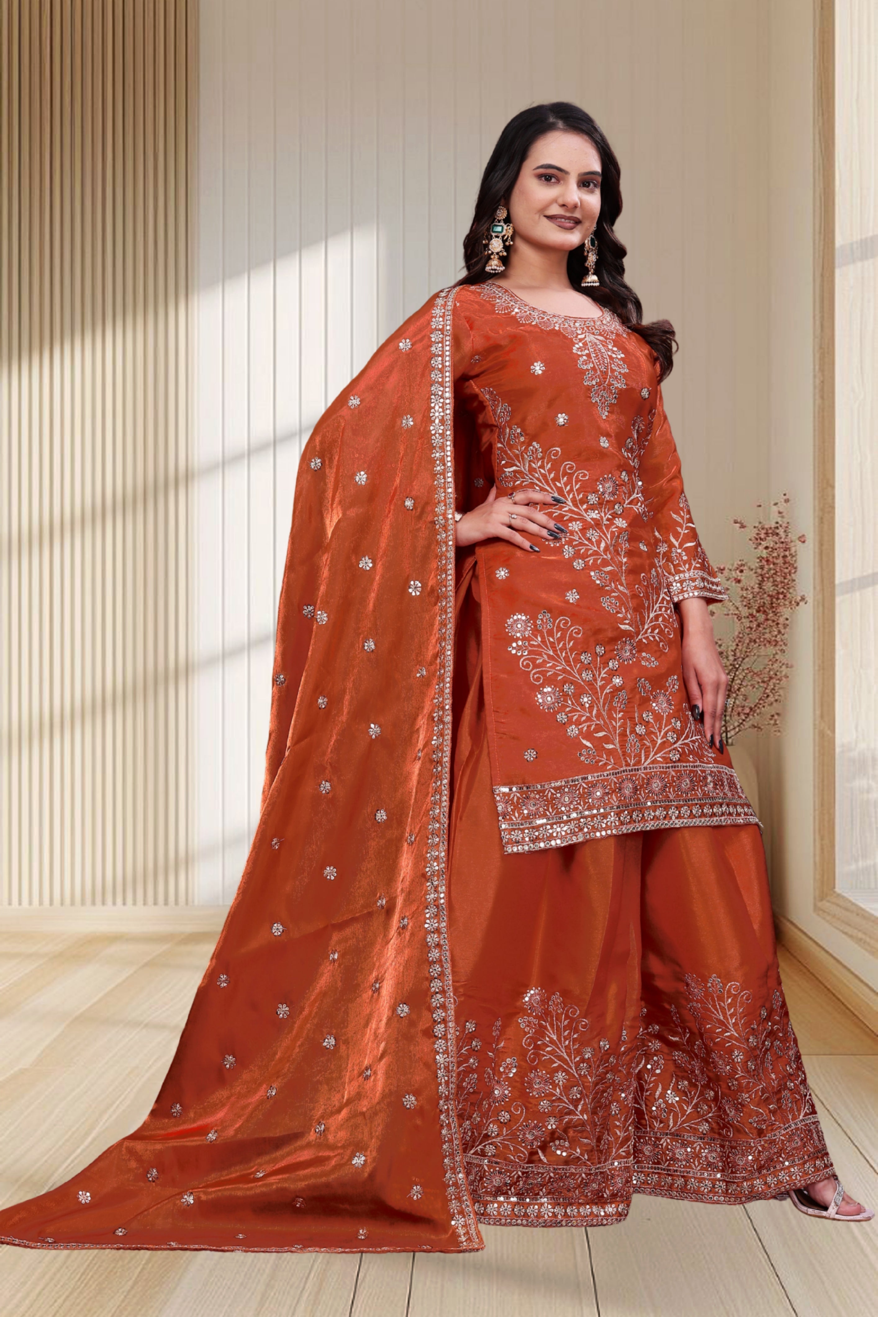 Rust Orange Silk Embroidered Sharara Set with Scalloped Dupatta