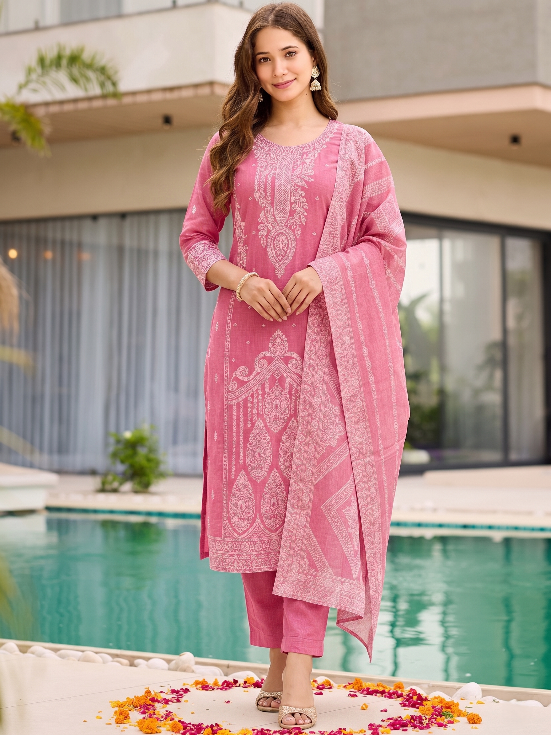 Rose Pink Chikankari Style Embroidered Cotton-Linen Kurta Set with Dupatta – 3 Piece Suit