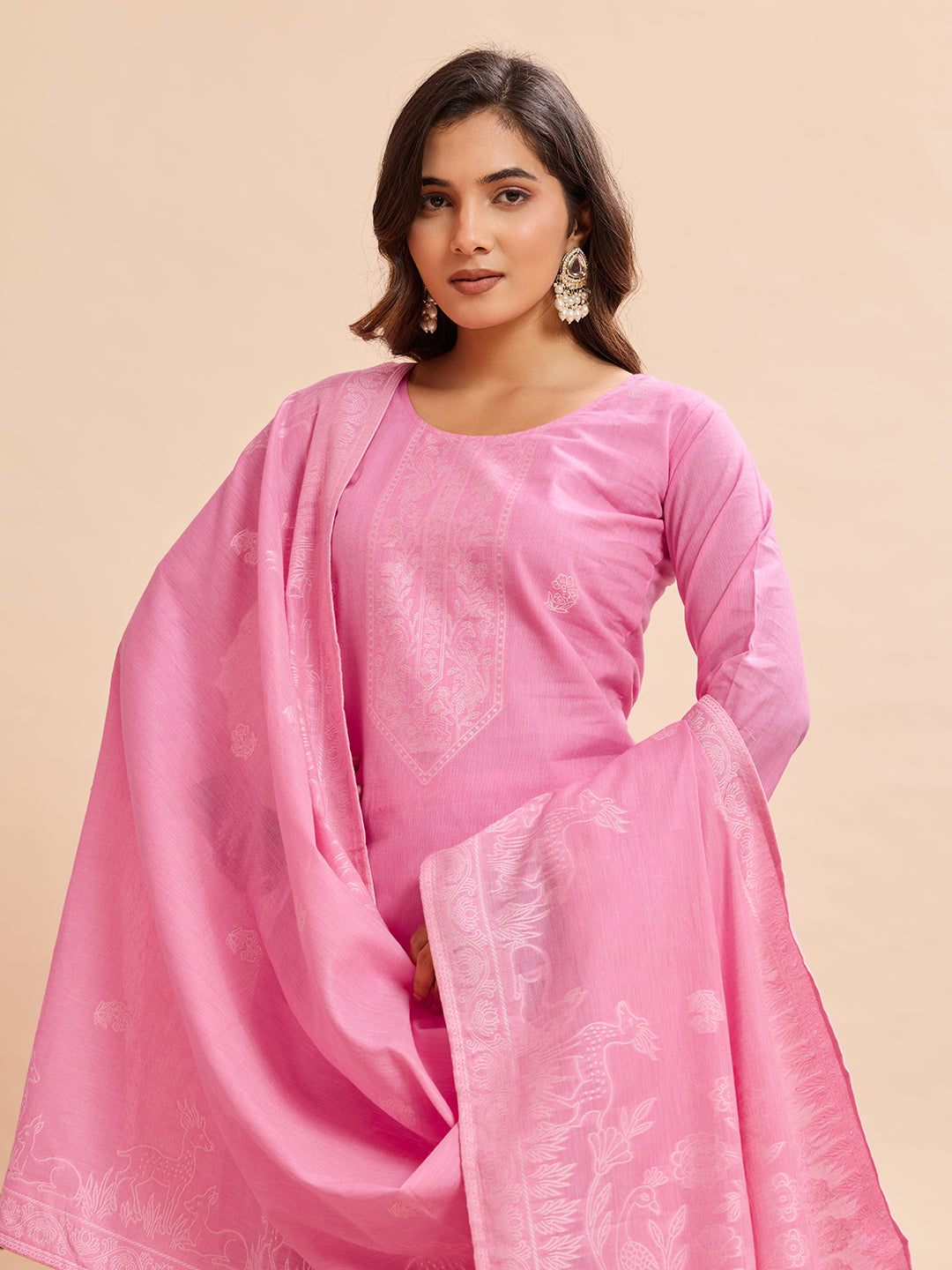Candy Pink Nature-Inspired Floral & Peacock Embroidered Straight Suit Set (Set of 3)