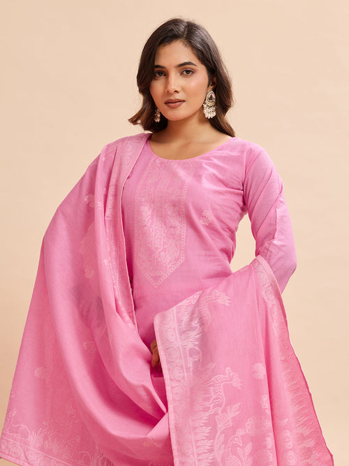 Candy Pink Nature-Inspired Floral & Peacock Embroidered Straight Suit Set (Set of 3)