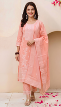 Pastel Peach Chikankari Style Ornate Embroidered Cotton Kurta Set – 3 Piece Suit