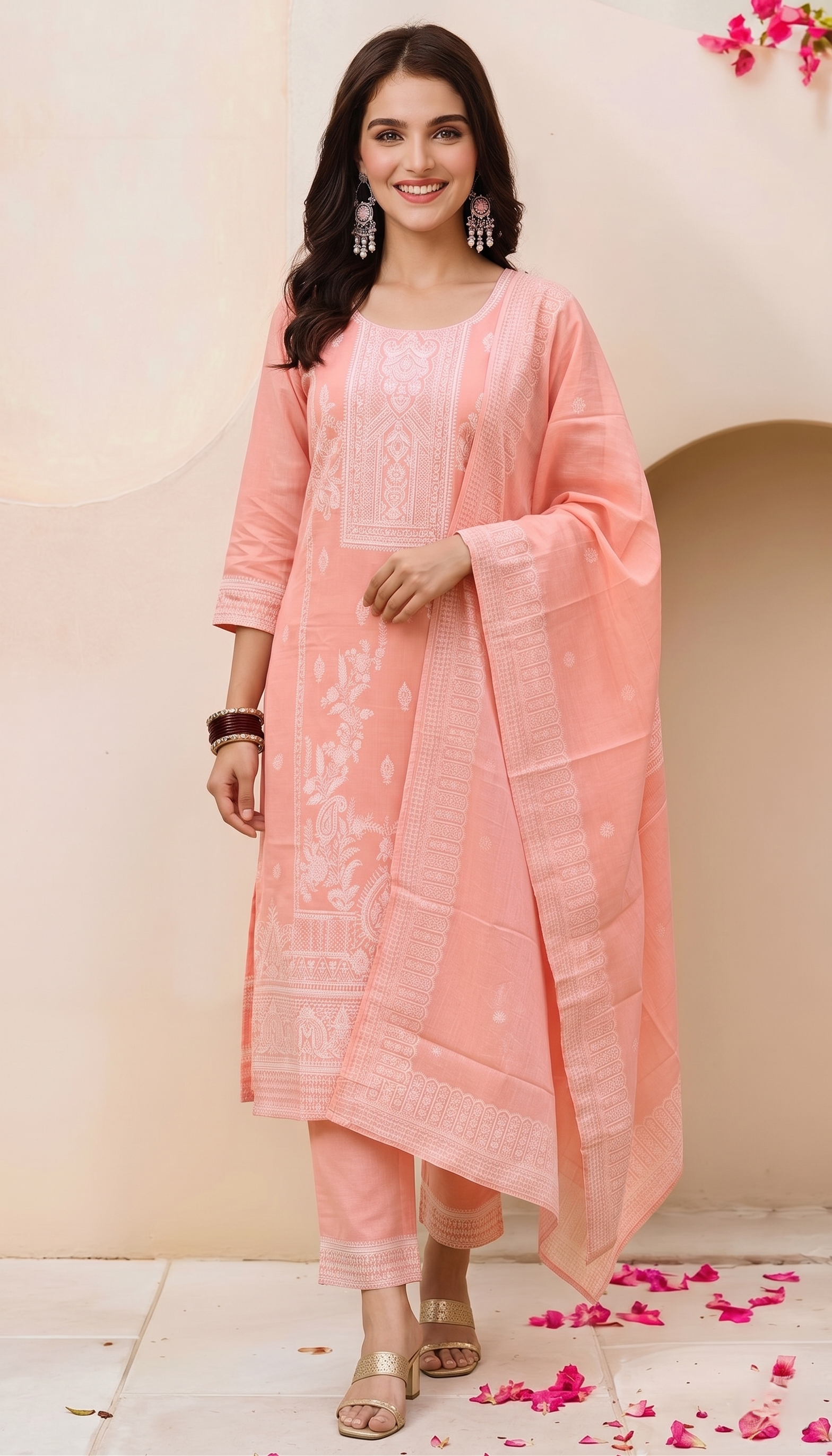 Pastel Peach Chikankari Style Ornate Embroidered Cotton Kurta Set – 3 Piece Suit