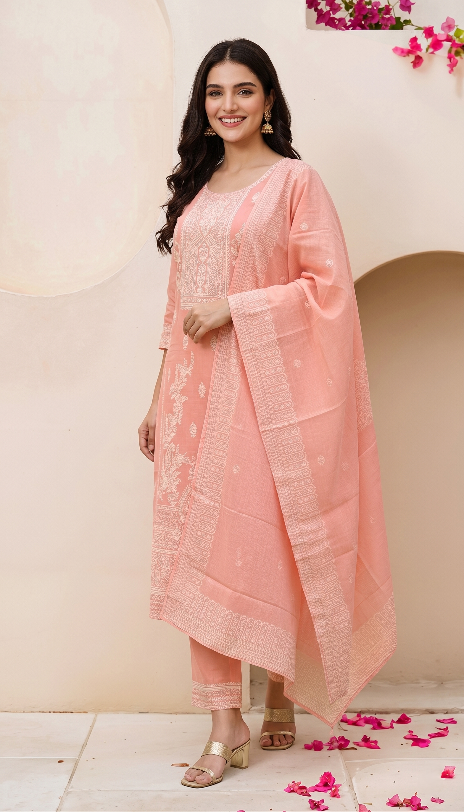 Pastel Peach Chikankari Style Ornate Embroidered Cotton Kurta Set – 3 Piece Suit