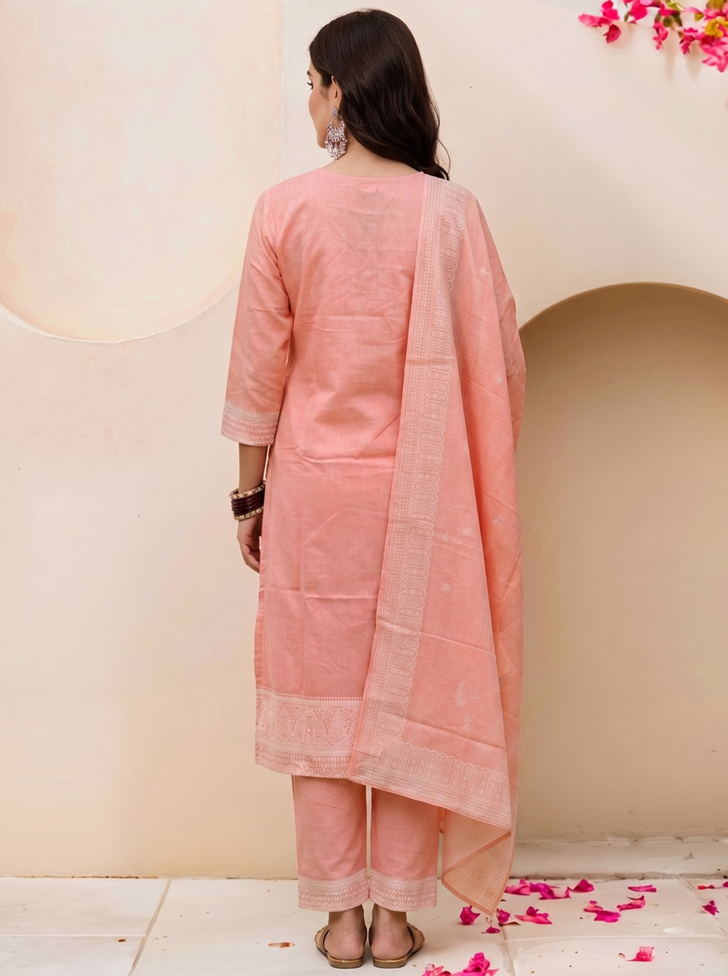 Pastel Peach Chikankari Style Ornate Embroidered Cotton Kurta Set – 3 Piece Suit