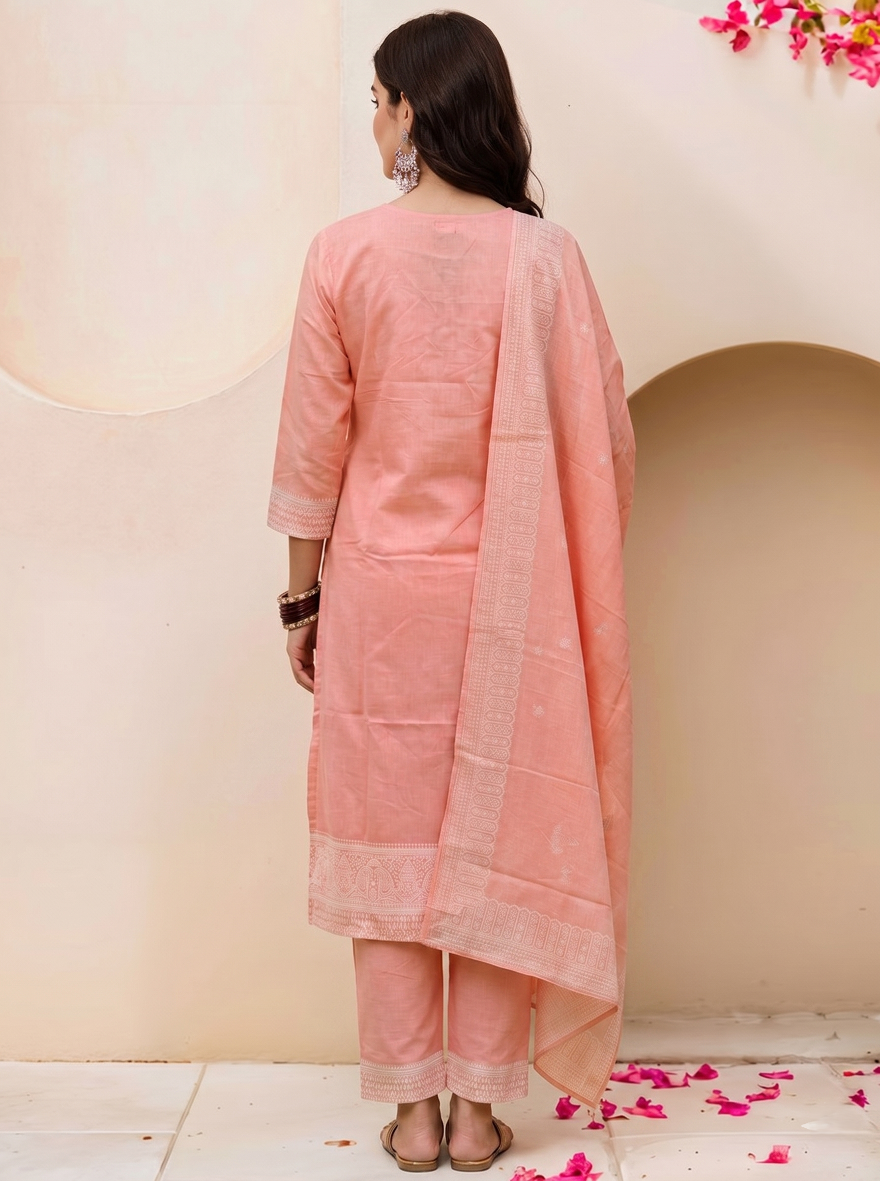 Pastel Peach Chikankari Style Ornate Embroidered Cotton Kurta Set – 3 Piece Suit