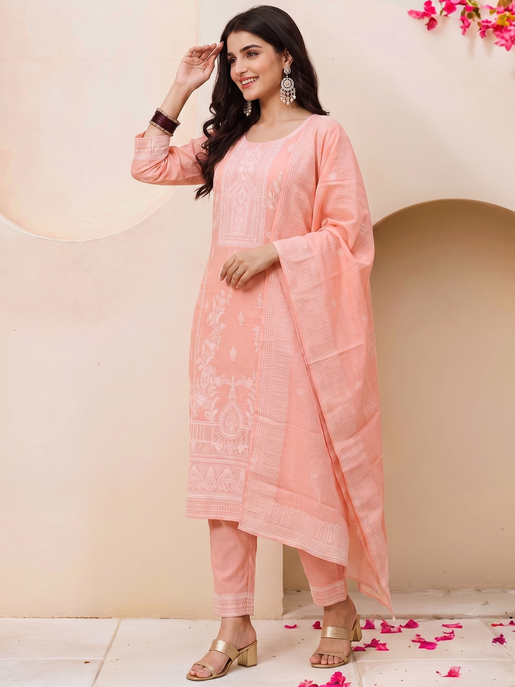 Pastel Peach Chikankari Style Ornate Embroidered Cotton Kurta Set – 3 Piece Suit
