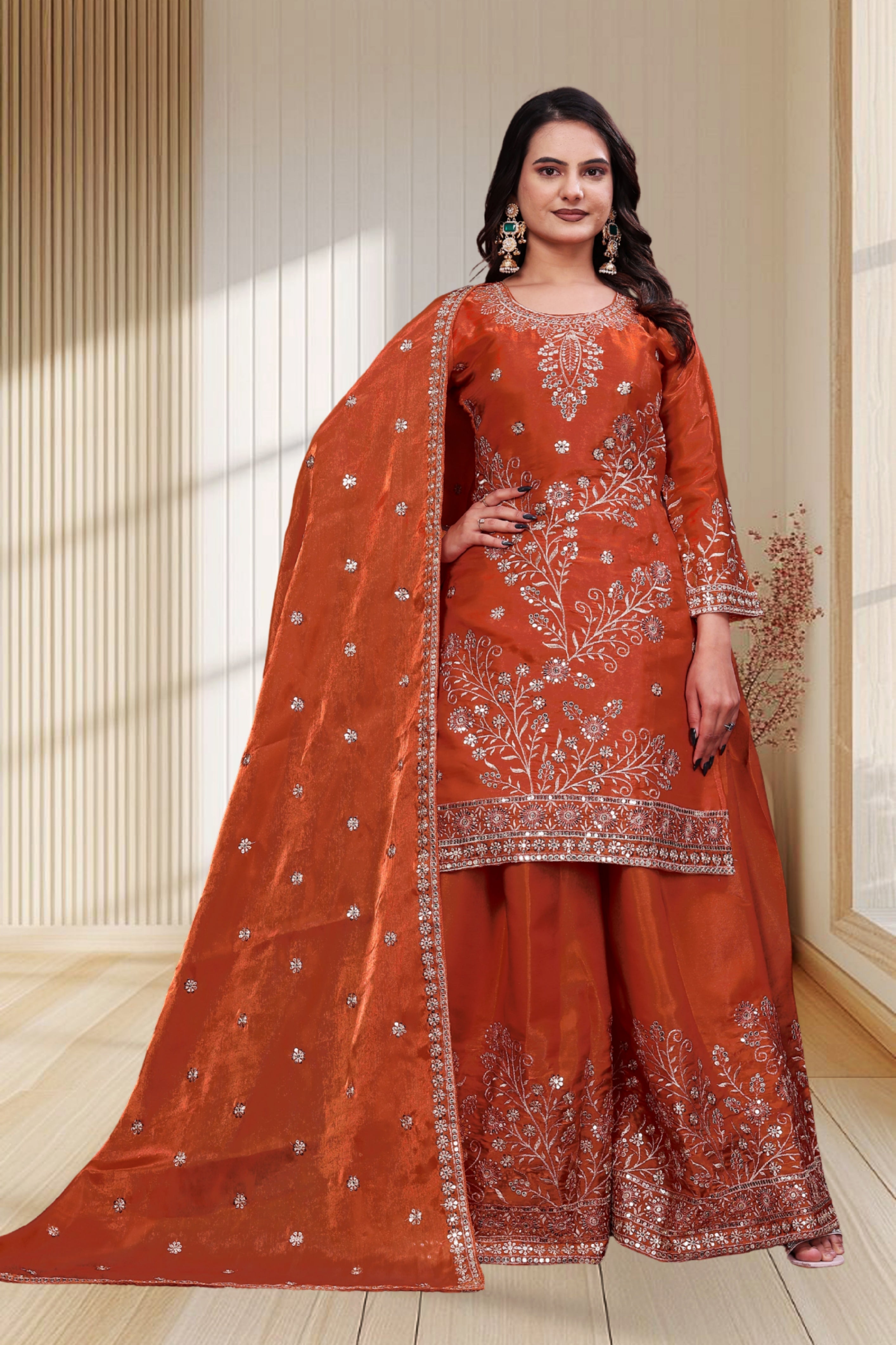 Rust Orange Silk Embroidered Sharara Set with Scalloped Dupatta