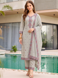 Olive Grey Floral Boota Embroidered Straight Suit Set (Set of 3)