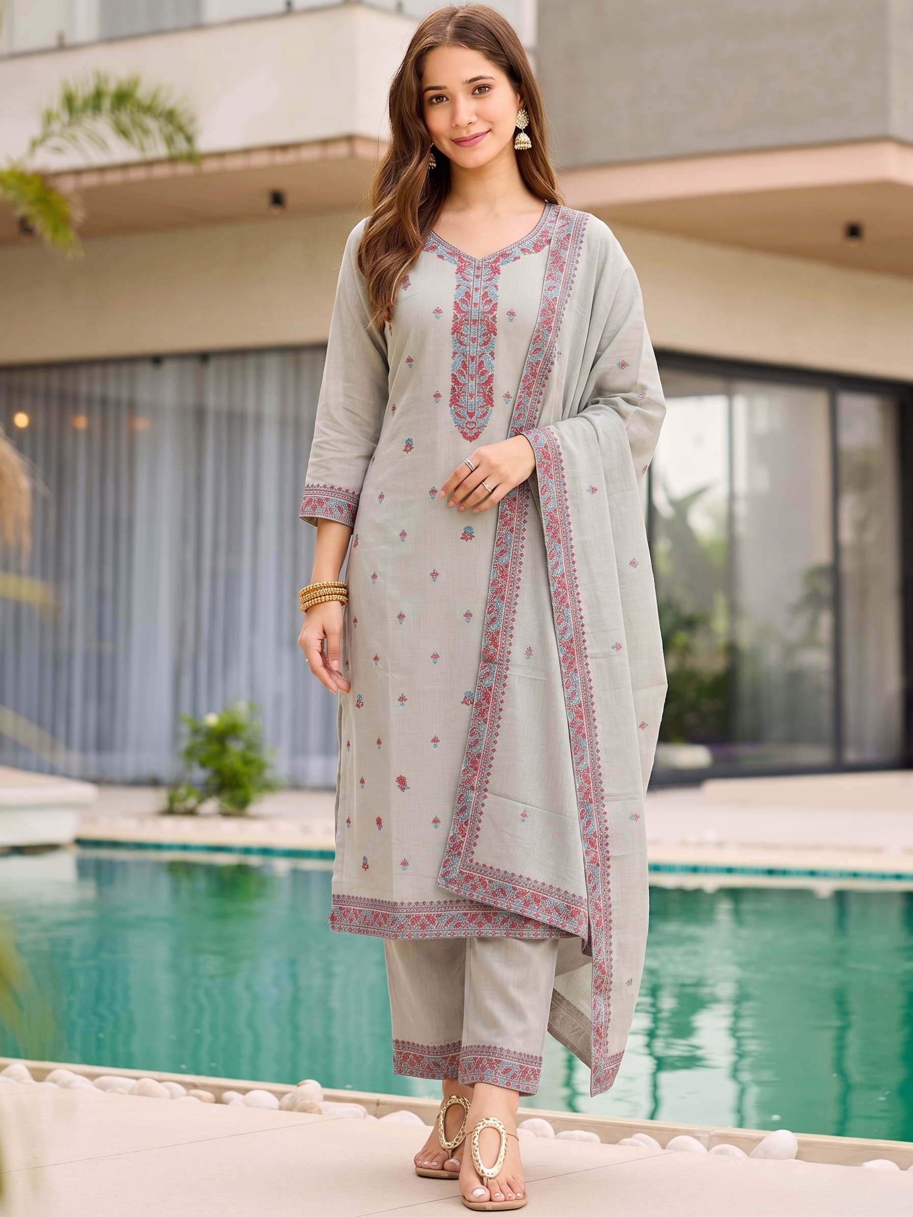 Olive Grey Floral Boota Embroidered Straight Suit Set (Set of 3)