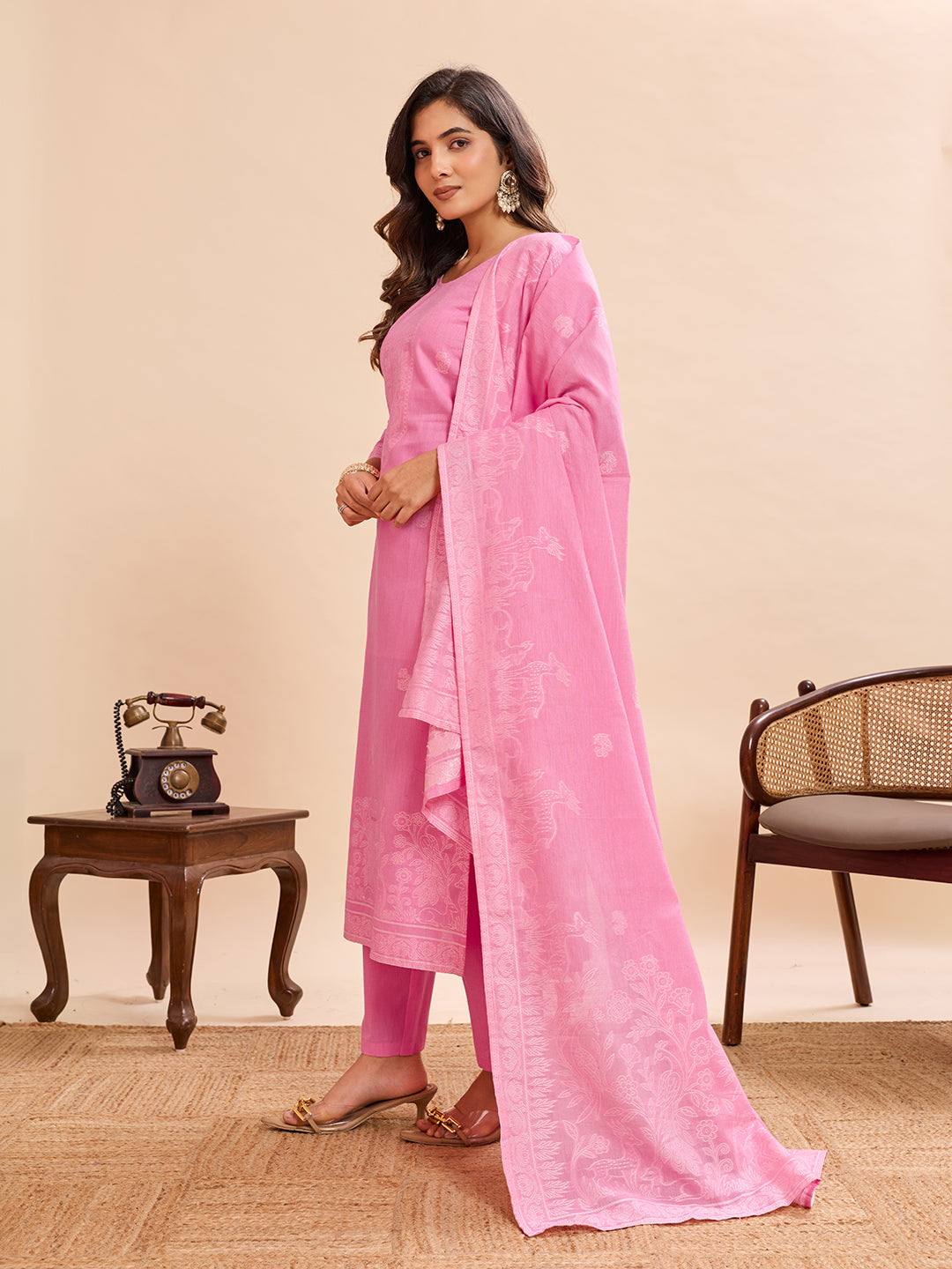 Candy Pink Nature-Inspired Floral & Peacock Embroidered Straight Suit Set (Set of 3)