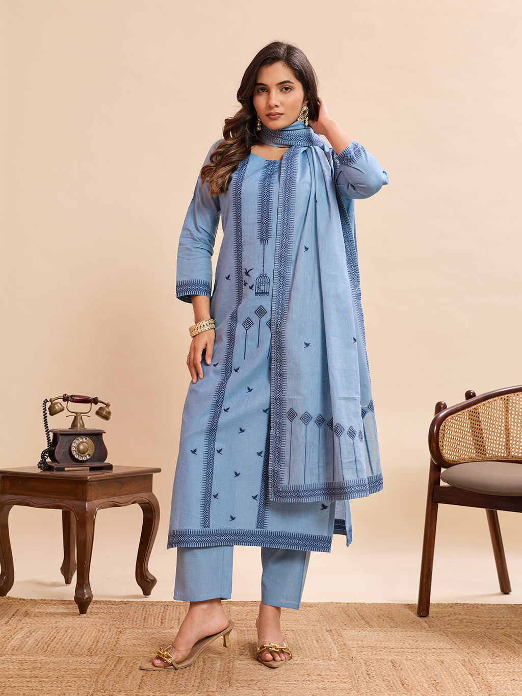 Serene Powder Blue Embroidered Cotton-Linen Kurta Set with Dupatta – 3 Piece Suit