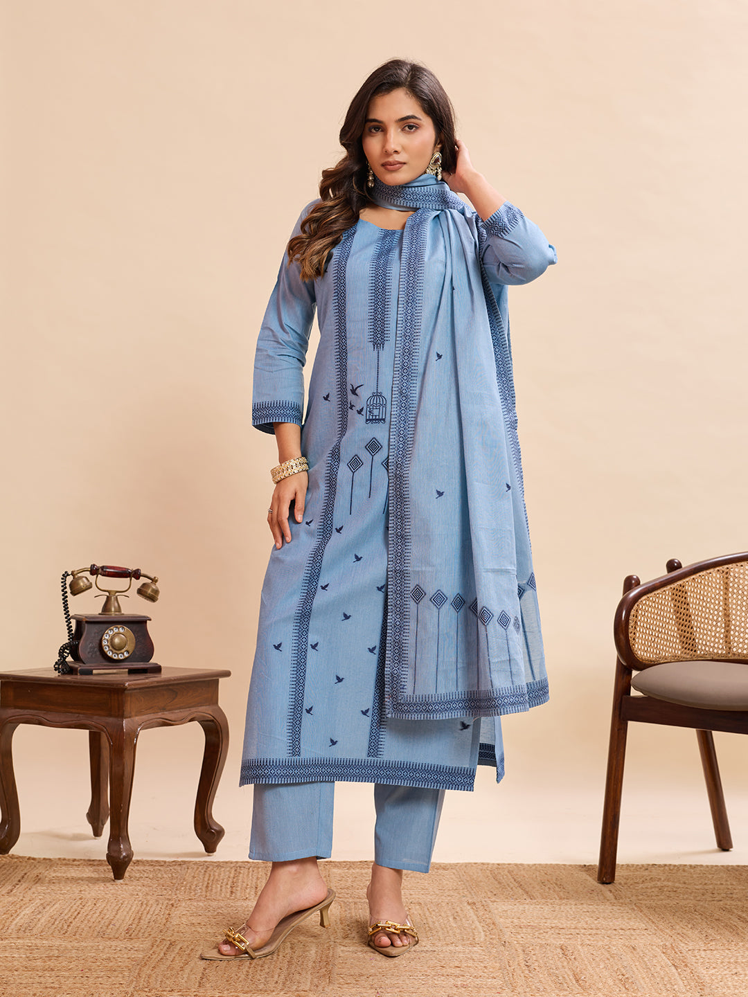 Serene Powder Blue Embroidered Cotton-Linen Kurta Set with Dupatta – 3 Piece Suit