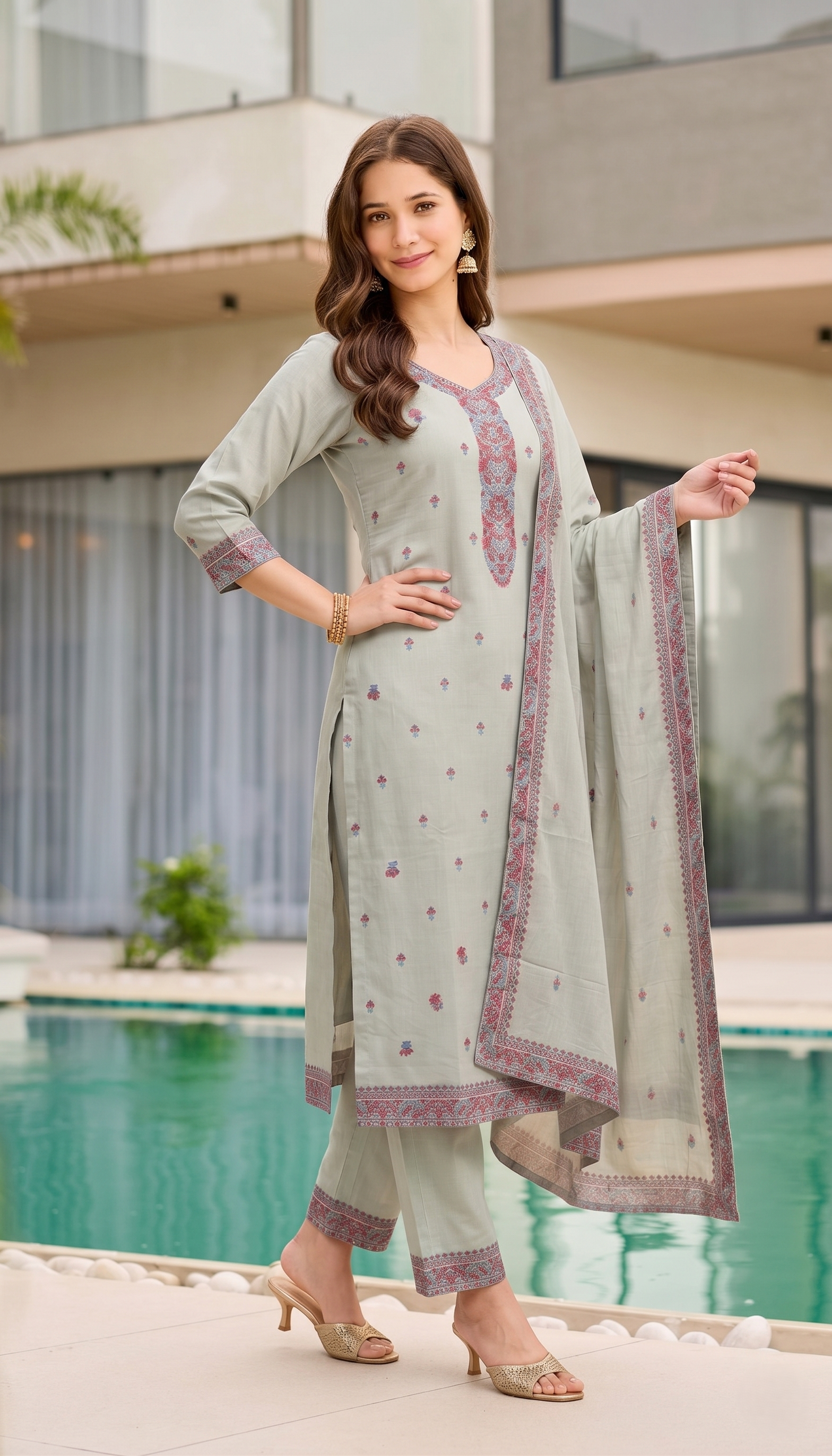 Olive Grey Floral Boota Embroidered Straight Suit Set (Set of 3)