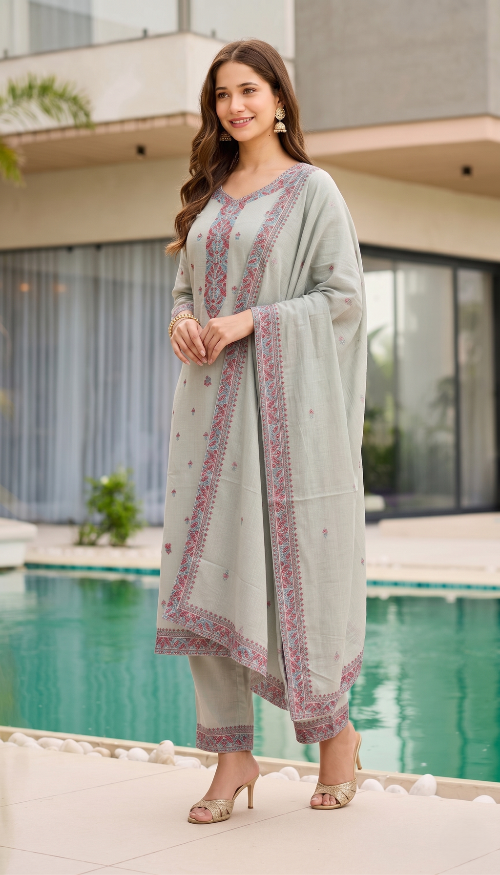 Olive Grey Floral Boota Embroidered Straight Suit Set (Set of 3)