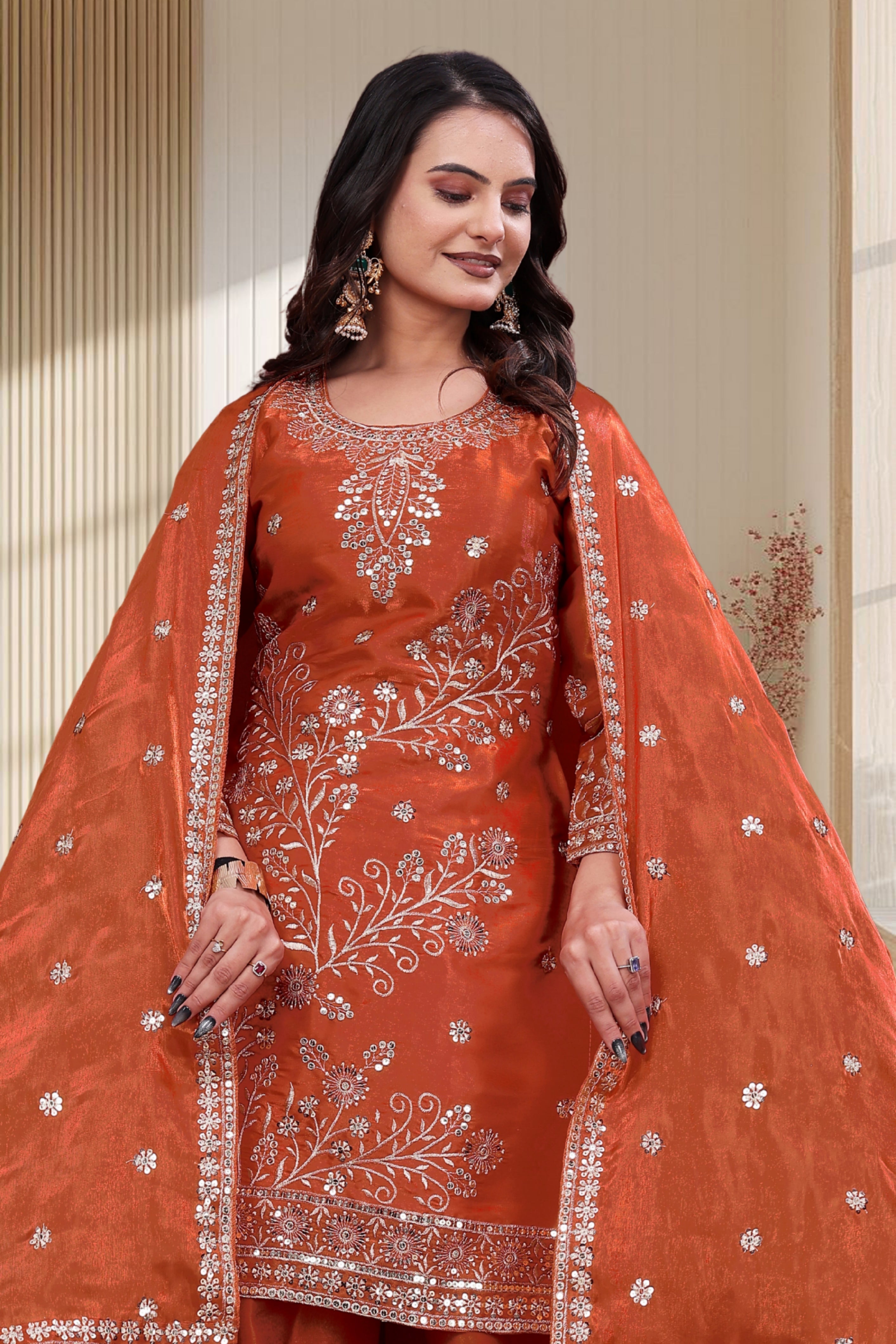 Rust Orange Silk Embroidered Sharara Set with Scalloped Dupatta
