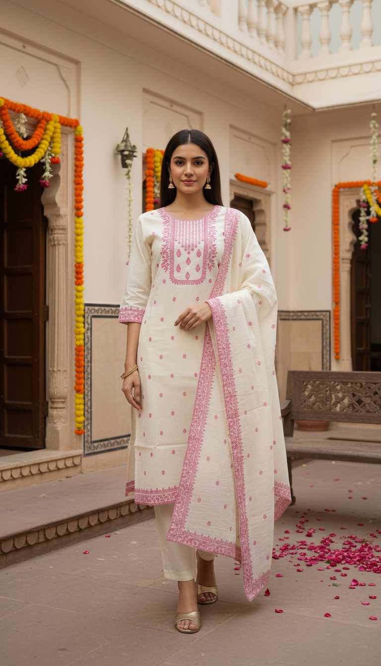 Ivory Cream Embroidered Cotton-Linen Kurta Set with Dupatta – 3 Piece Suit